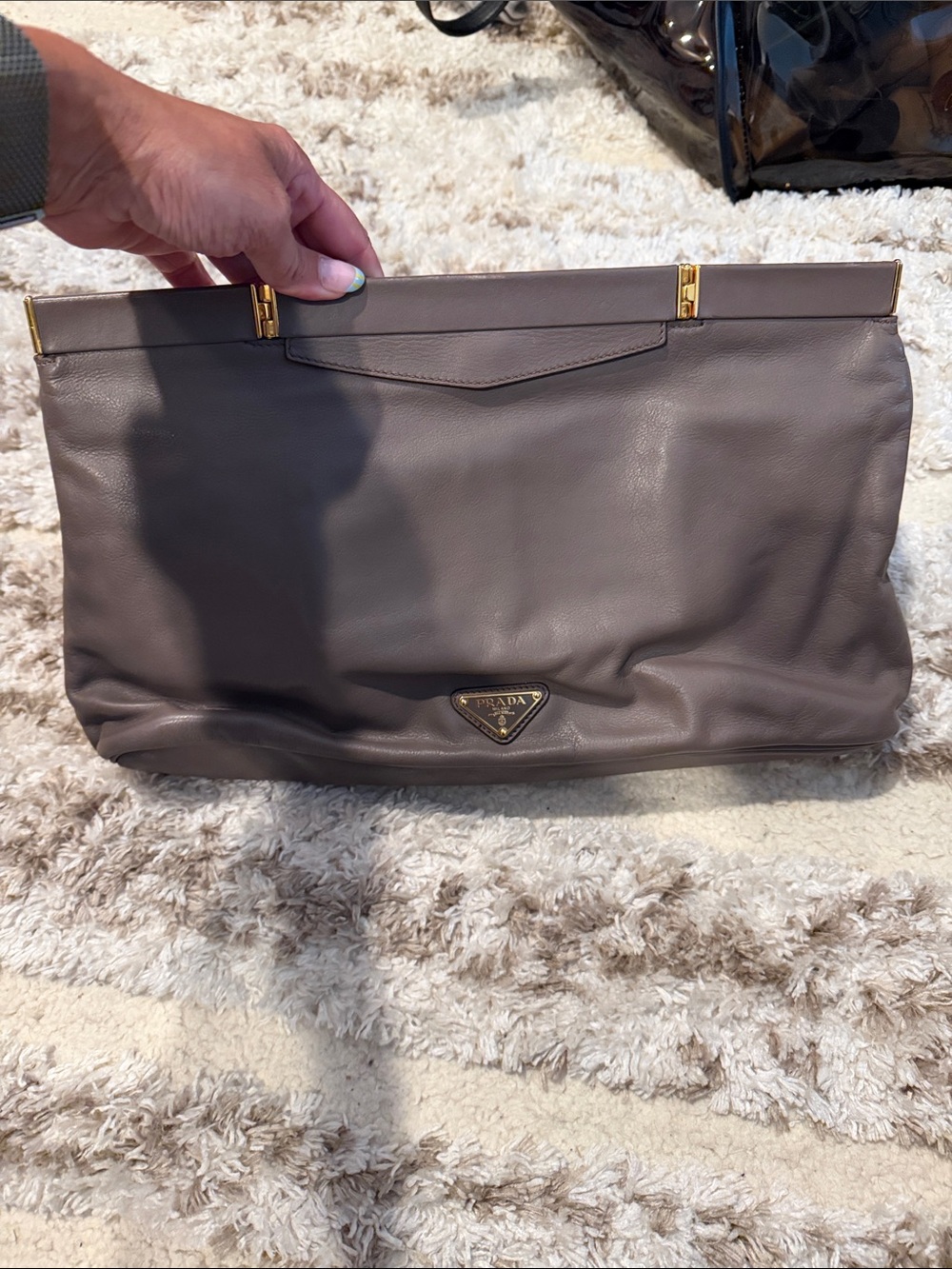 Prada Dark Brown Leather Fold-Over Clutch with Gold Trim